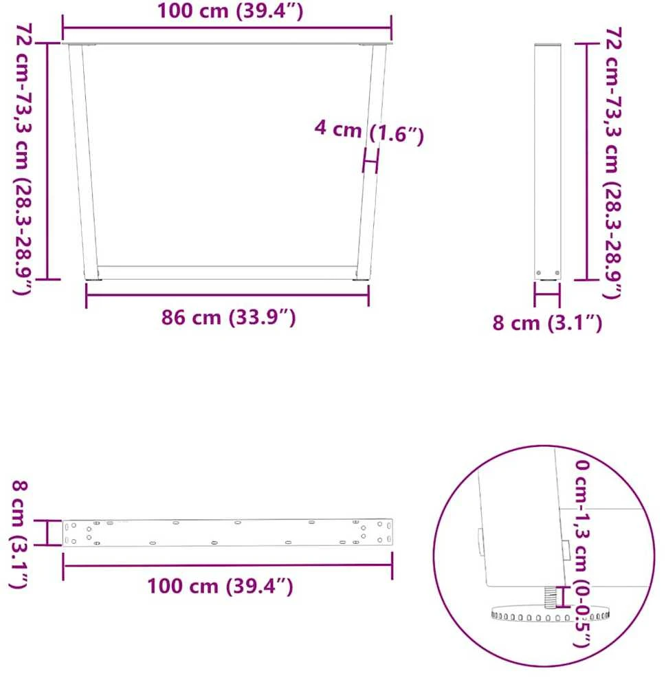 Valgomojo stalo kojos, V formos, 3 vnt., antracito spalvos, 100x(72-73,3) cm, plienas