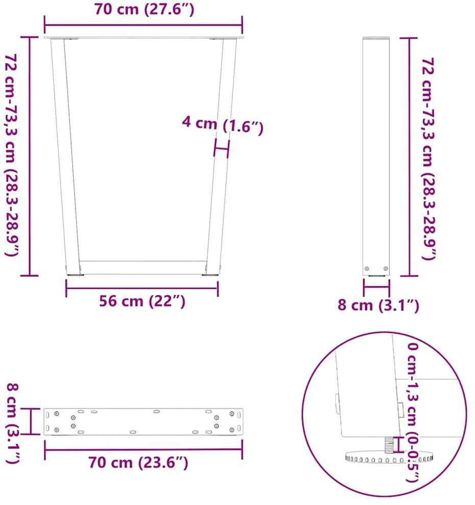 Valgomojo stalo kojos, V formos, 3 vnt., antracito spalvos, 70x(72-73,3) cm, plienas