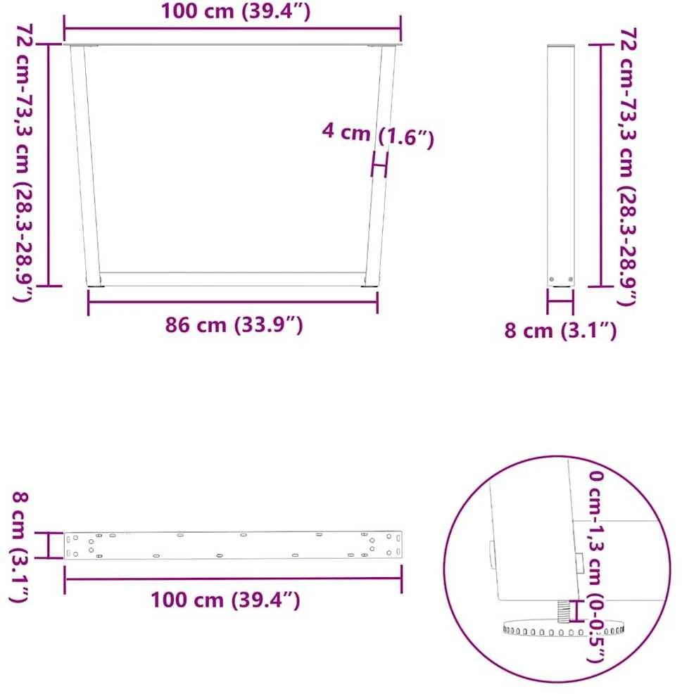 Valgomojo stalo kojos, V formos, 3 vnt., juodos, 100x(72-73,3) cm, plienas