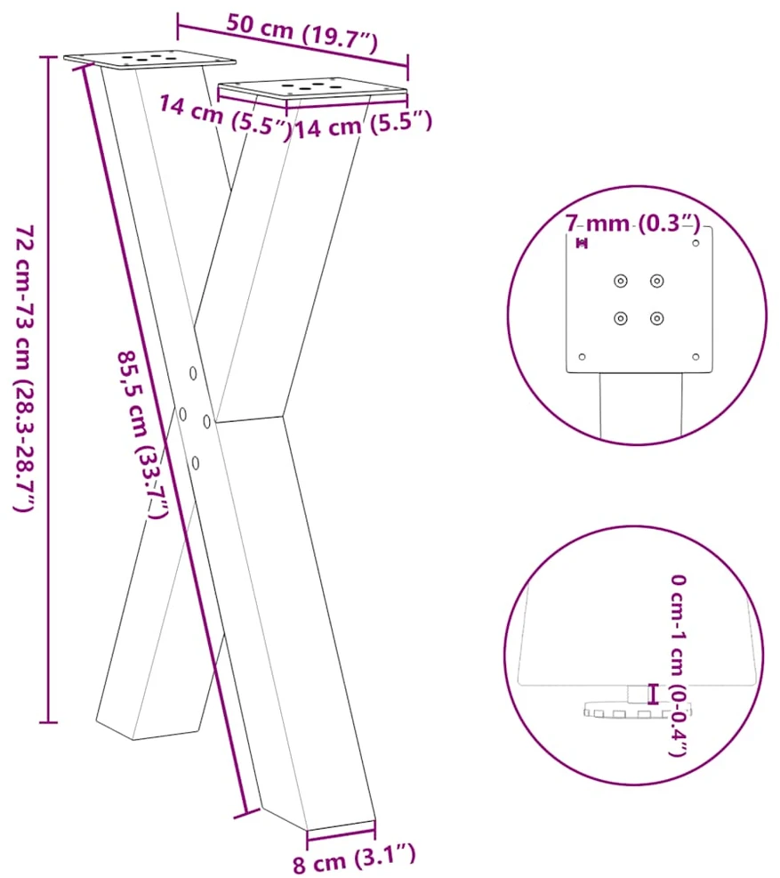 Valgomojo stalo kojos, X formos, 2 vnt., juodos, 50x(72-73) cm, plienas