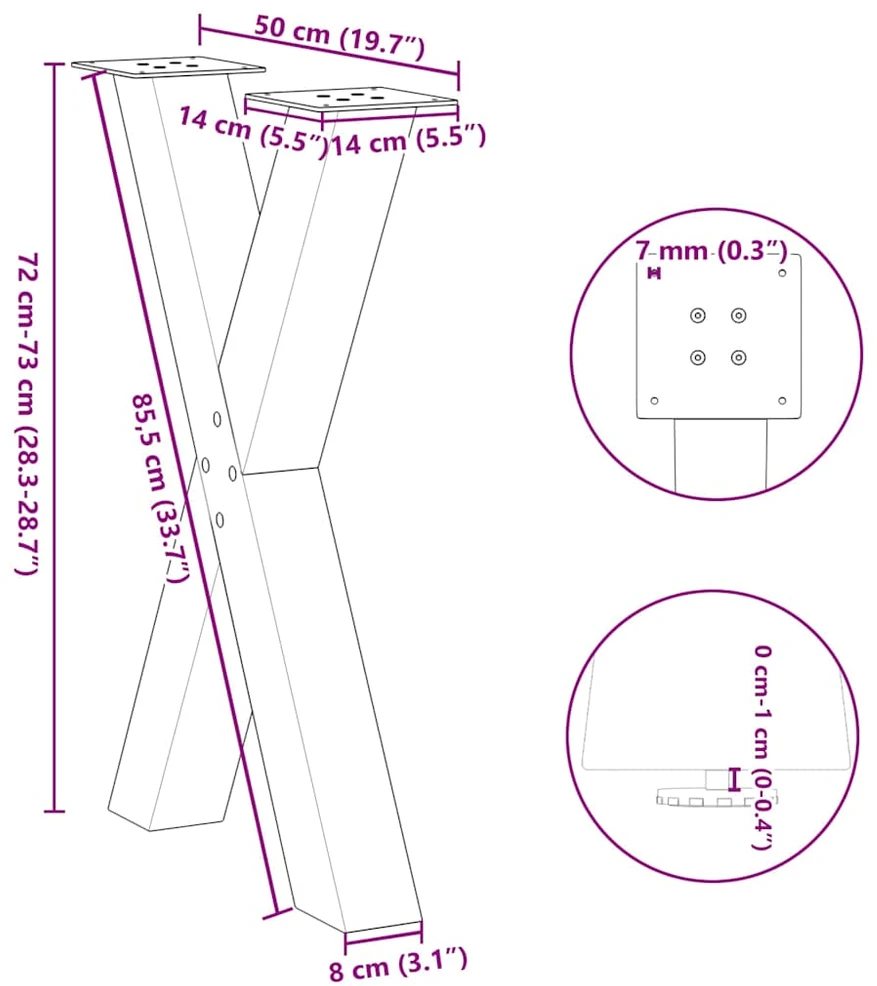 Valgomojo stalo kojos, X formos, 2 vnt., baltos, 50x(72-73) cm, plienas
