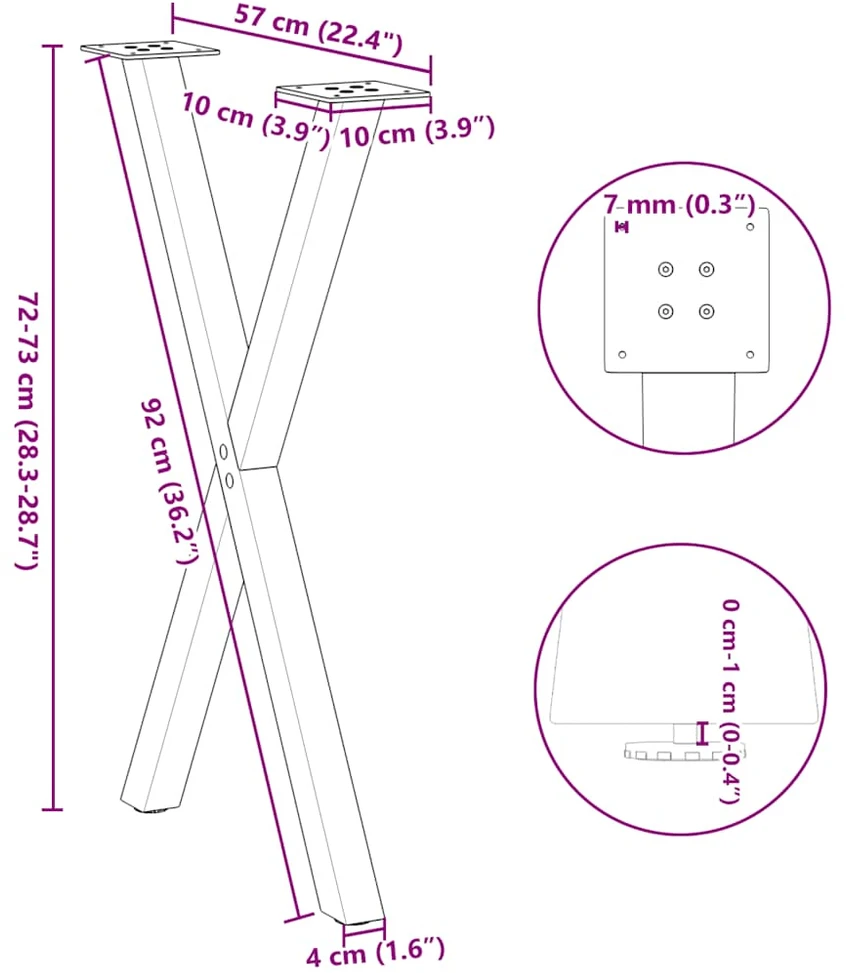 Valgomojo stalo kojos, X formos, 2 vnt., juodos, 57x(72-73) cm, plienas