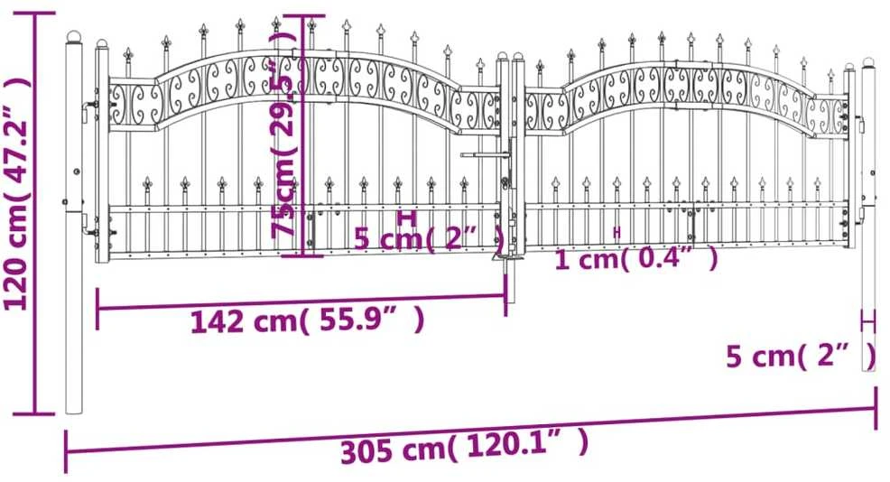 Vartai su smailiomis viršūnėmis, juodi, 305x120cm, plienas