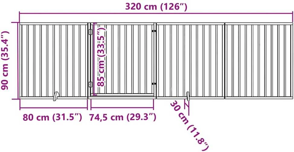 Šuns varteliai su sulankstomomis durelėmis, 4 panelės, balti, 320 cm, tuopos mediena
