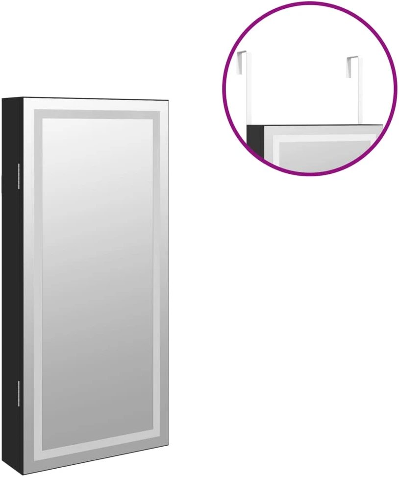 Veidrodinė papuošalų spintelė su LED apšvietimu, juodos spalvos