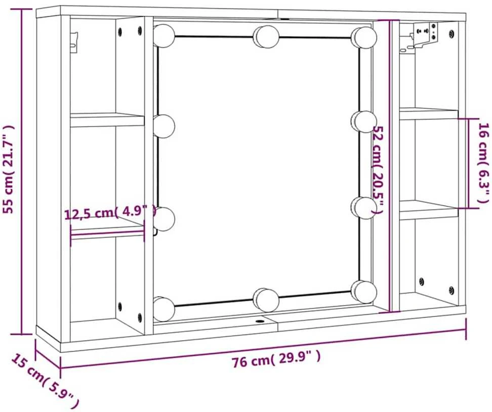 Veidrodinė spintelė su LED apšvietimu, ąžuolo, 76x15x55cm