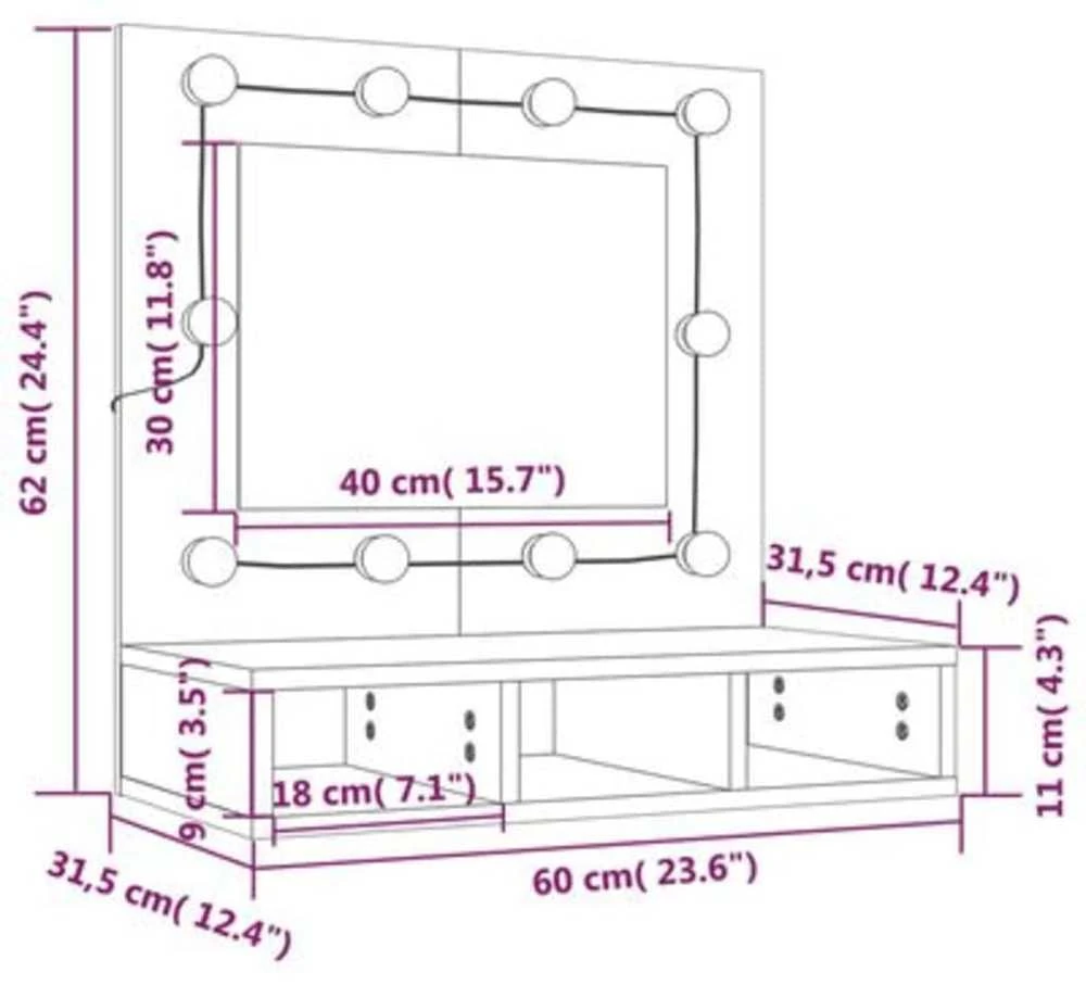 Veidrodinė spintelė su LED apšvietimu, ąžuolo, 60x31,5x62cm
