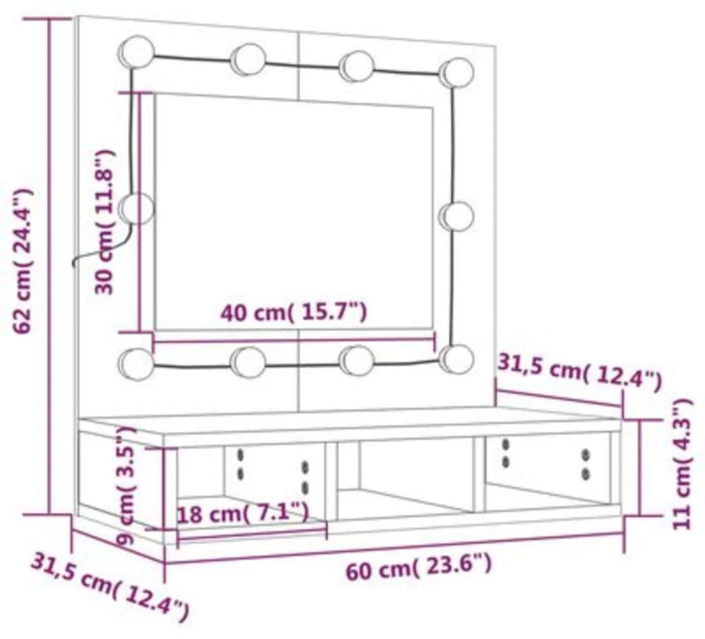Veidrodinė spintelė su LED apšvietimu, ąžuolo, 60x31,5x62cm