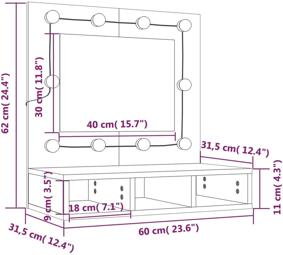Veidrodinė spintelė su LED apšvietimu, balta, 60x31,5x62cm
