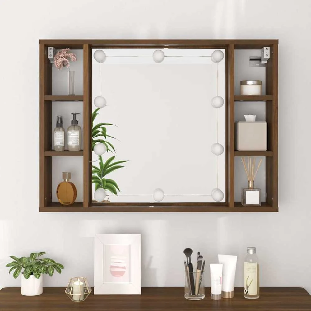 Veidrodinė spintelė su LED apšvietimu, ruda ąžuolo, 76x15x55cm