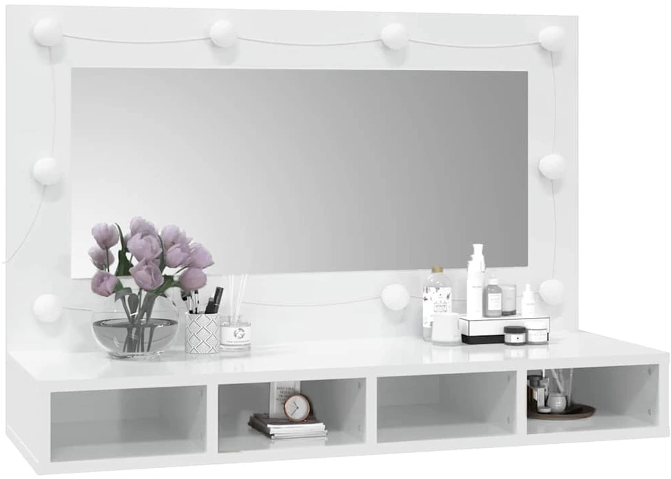 Veidrodinė spintelė su LED, balta, 90x31,5x62cm, blizgi