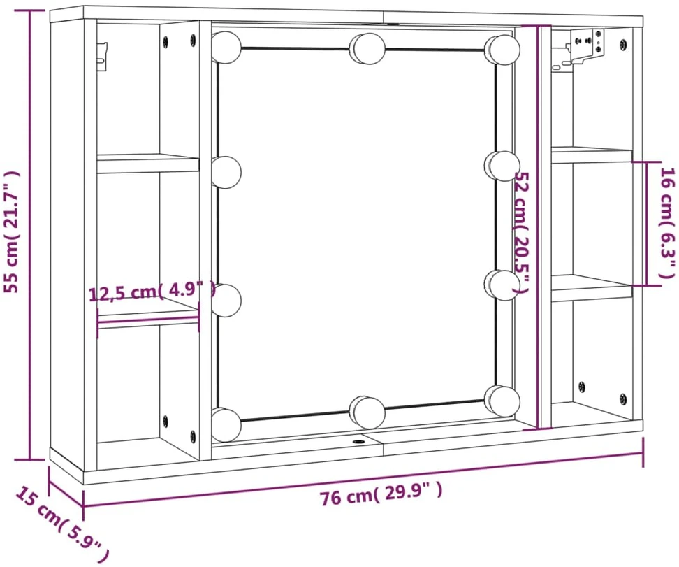 Veidrodinė spintelė su LED, betono pilka, 76x15x55cm