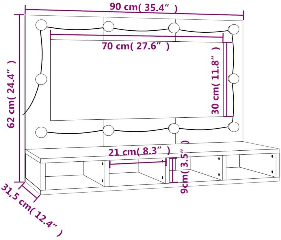 Veidrodinė spintelė su LED, dūminio ąžuolo, 90x31,5x62cm