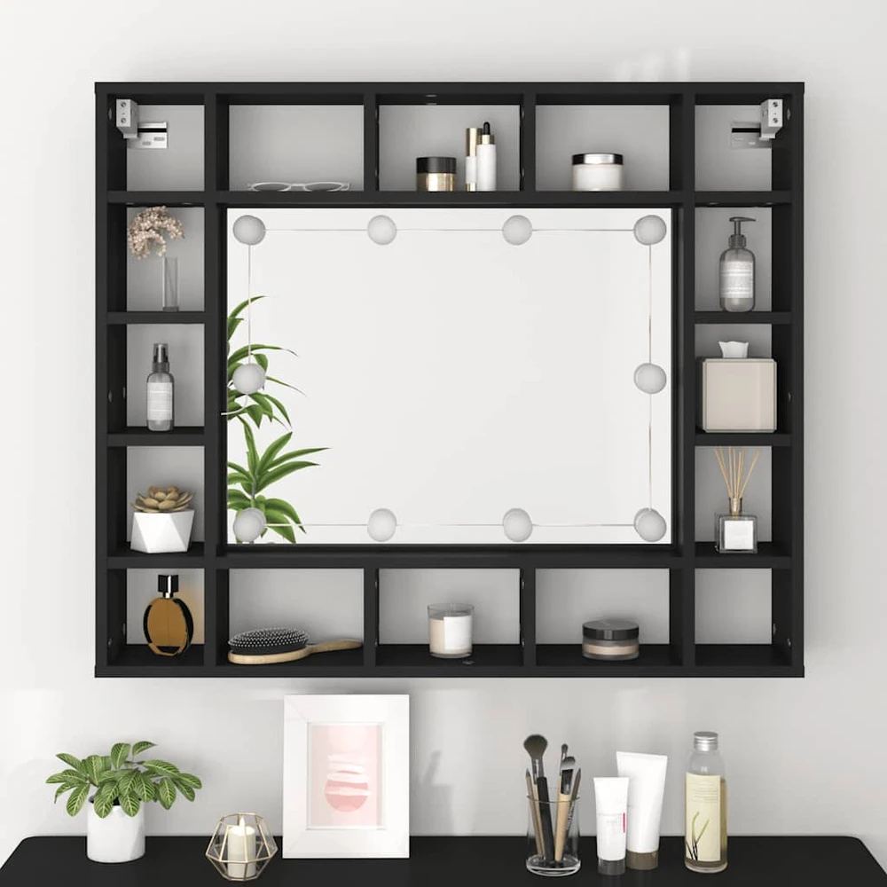 Veidrodinė spintelė su LED, juodos spalvos, 91x15x76,5cm
