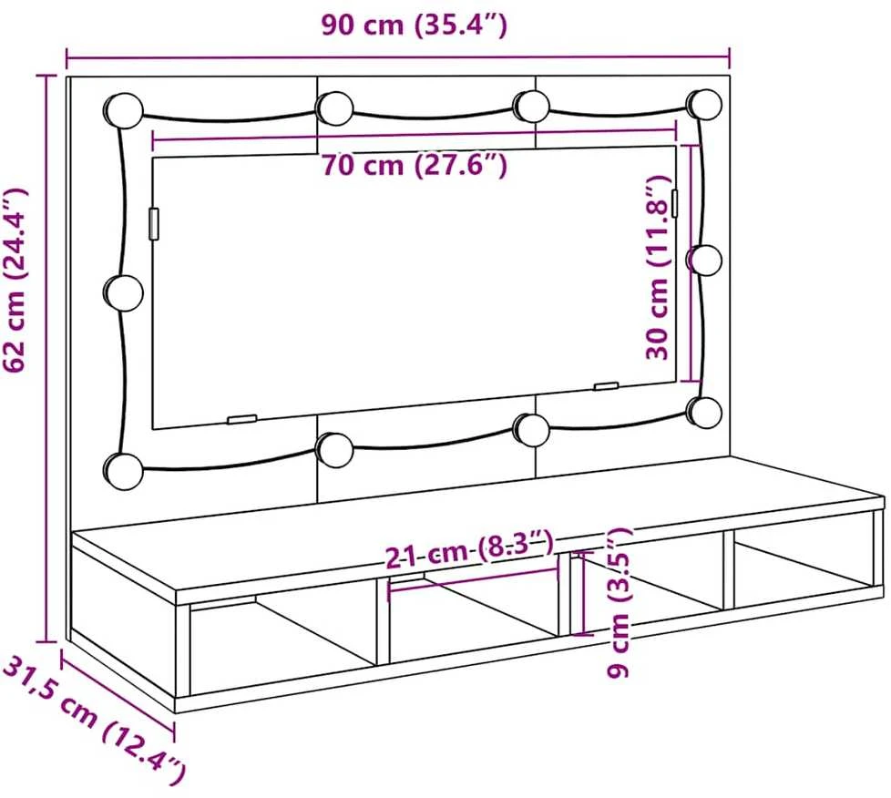 Veidrodinė spintelė su LED lemputėmis, ąžuolo spalvos, 90x31,5x62 cm