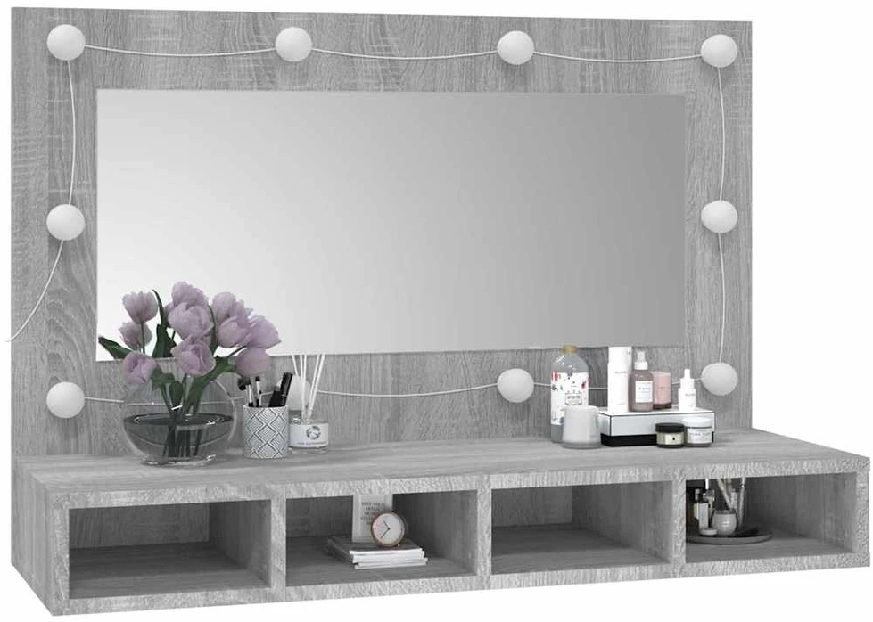 Veidrodinė spintelė su LED, pilka ąžuolo, 90x31,5x62 cm