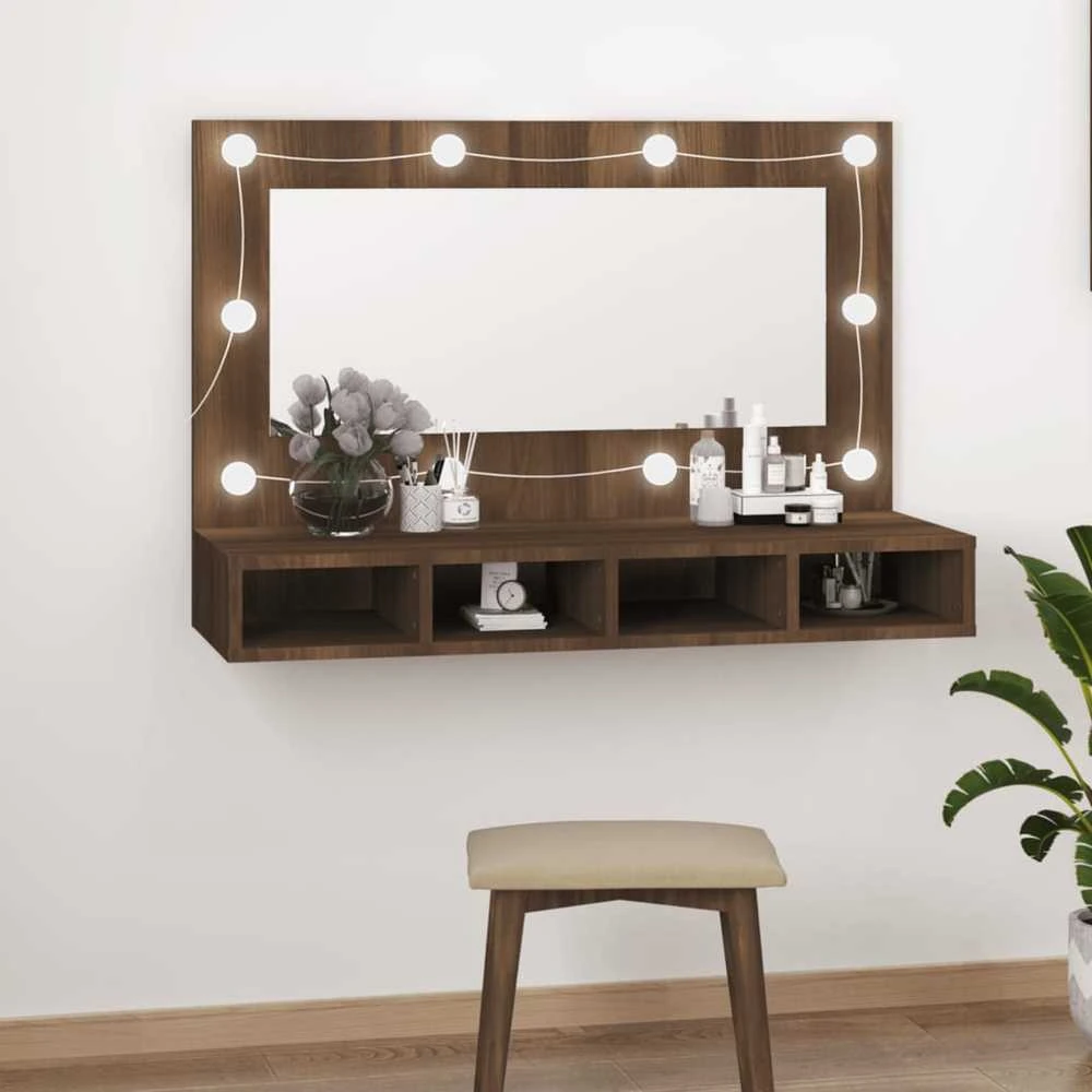 Veidrodinė spintelė su LED, ruda ąžuolo, 90x31,5x62 cm