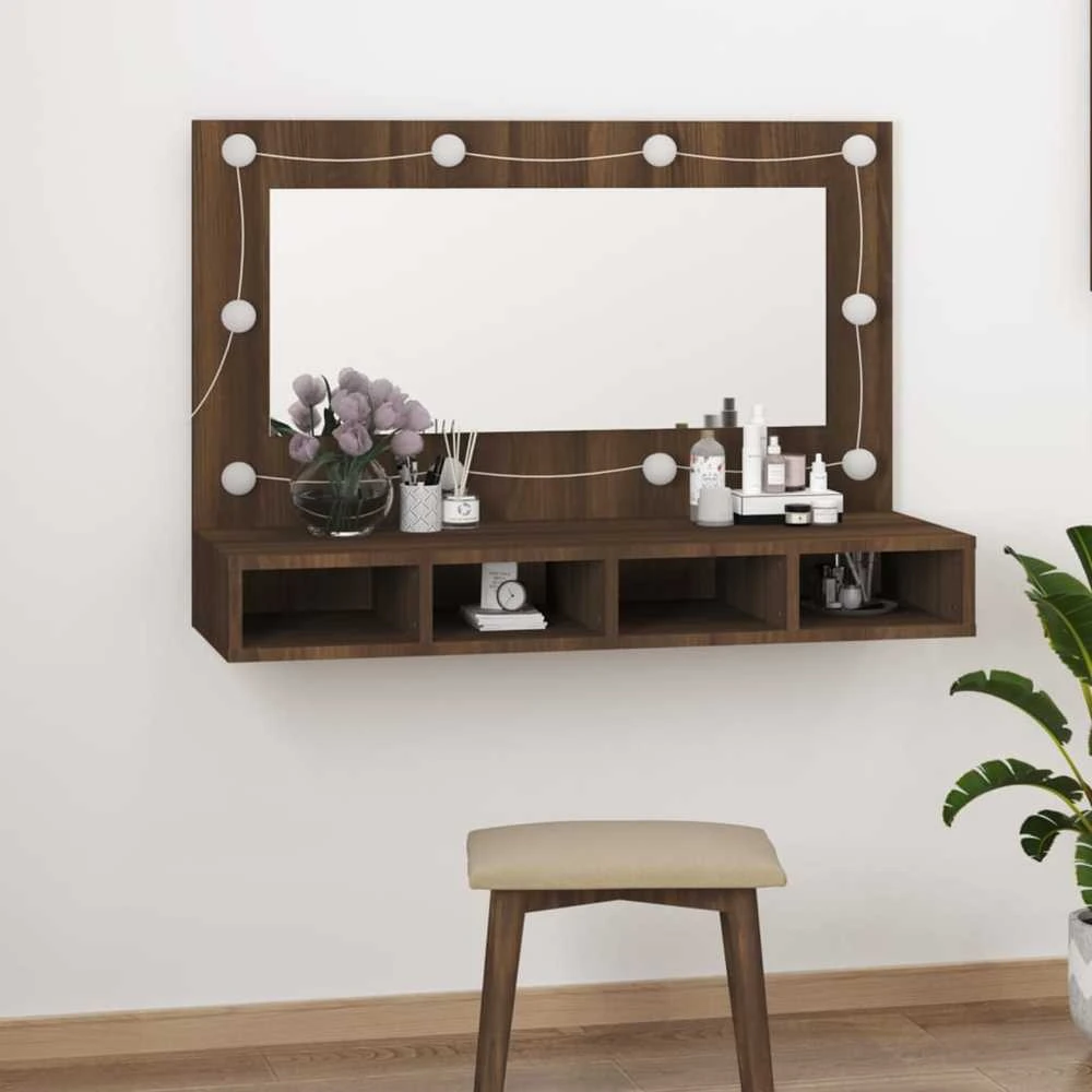 Veidrodinė spintelė su LED, ruda ąžuolo, 90x31,5x62 cm