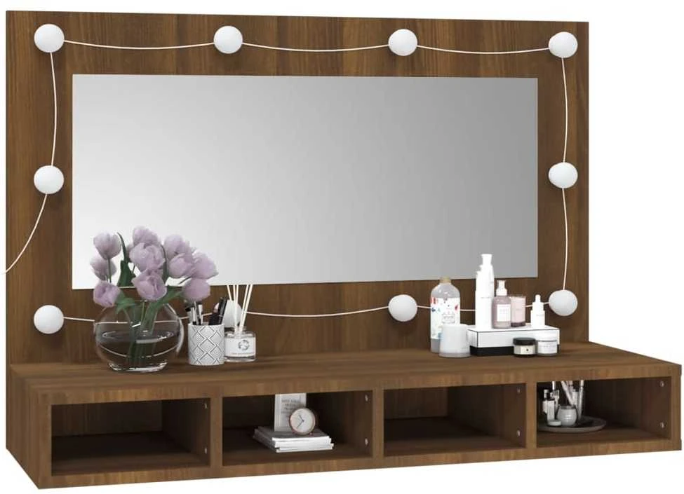 Veidrodinė spintelė su LED, ruda ąžuolo, 90x31,5x62 cm