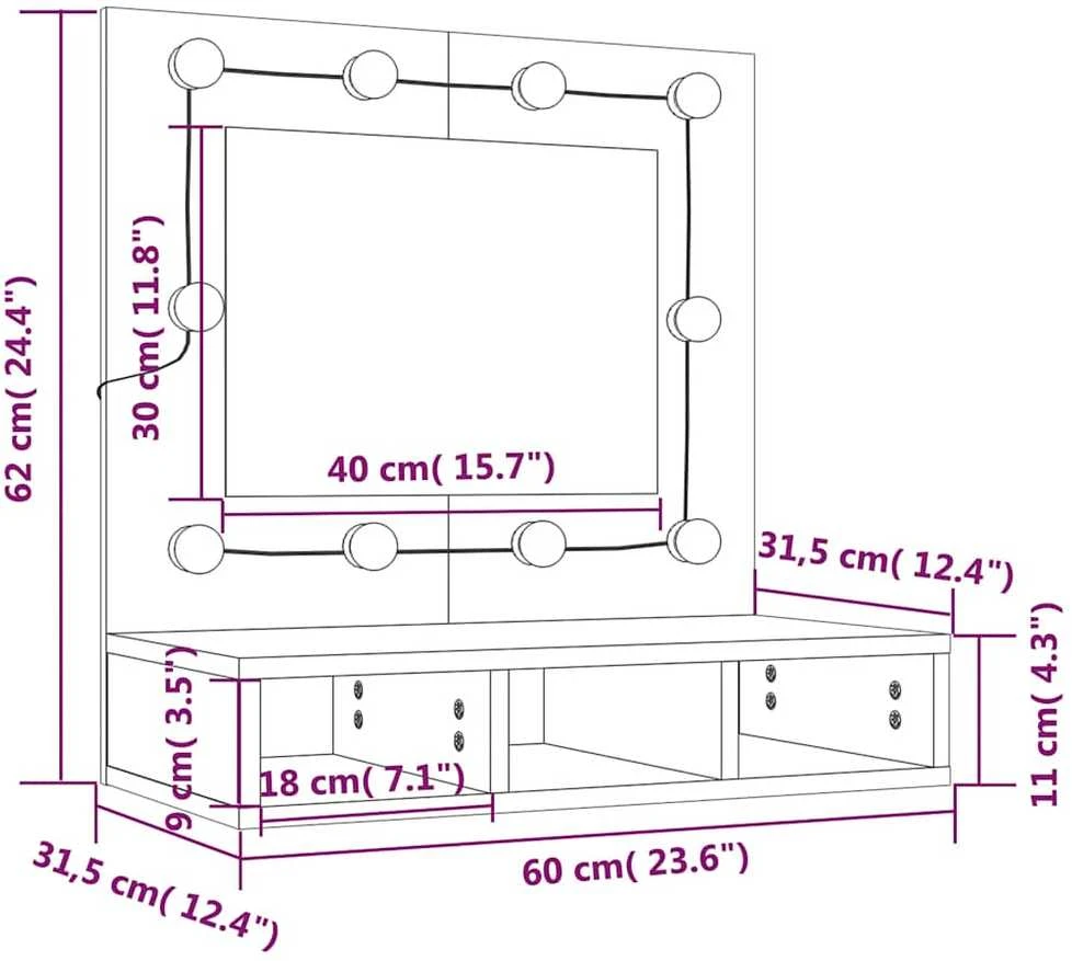 Veidrodinė spintelė su LED, ruda ąžuolo, 60x31,5x62cm