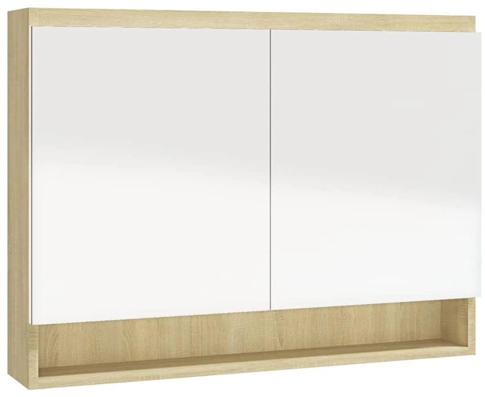 Veidrodinė vonios spintelė, balta ir ąžuolo, 80x15x60cm, MDF