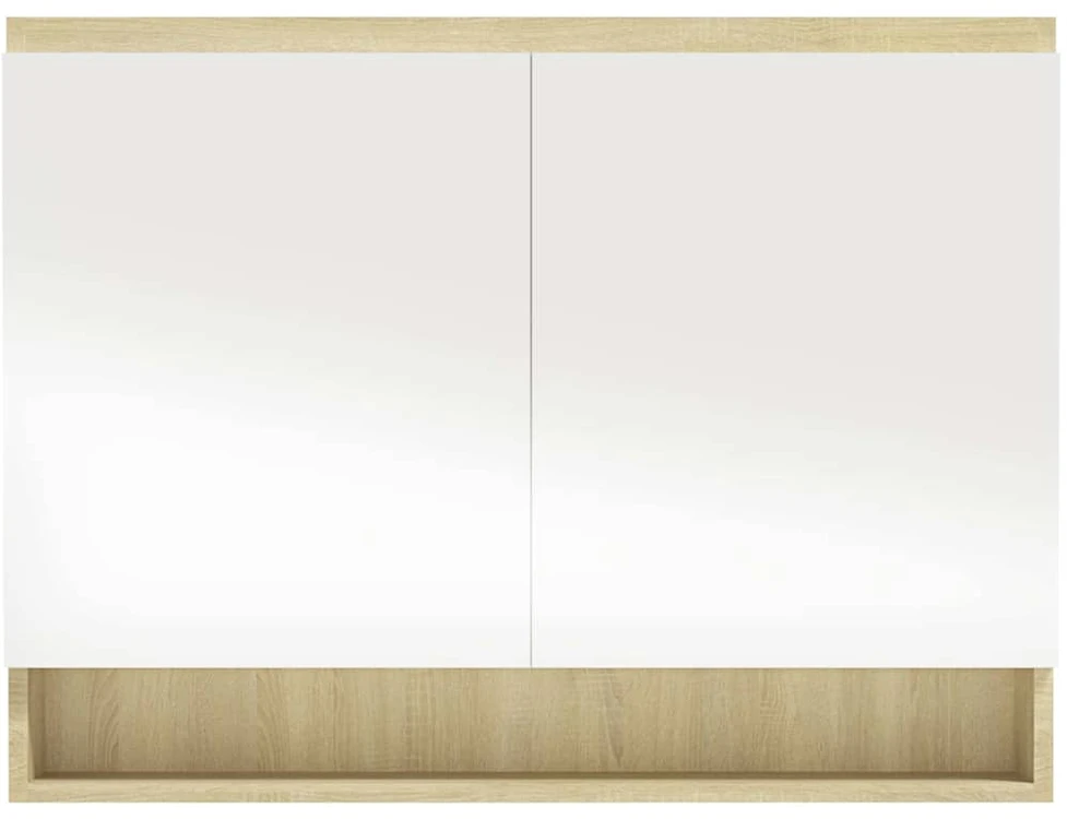 Veidrodinė vonios spintelė, balta ir ąžuolo, 80x15x60cm, MDF