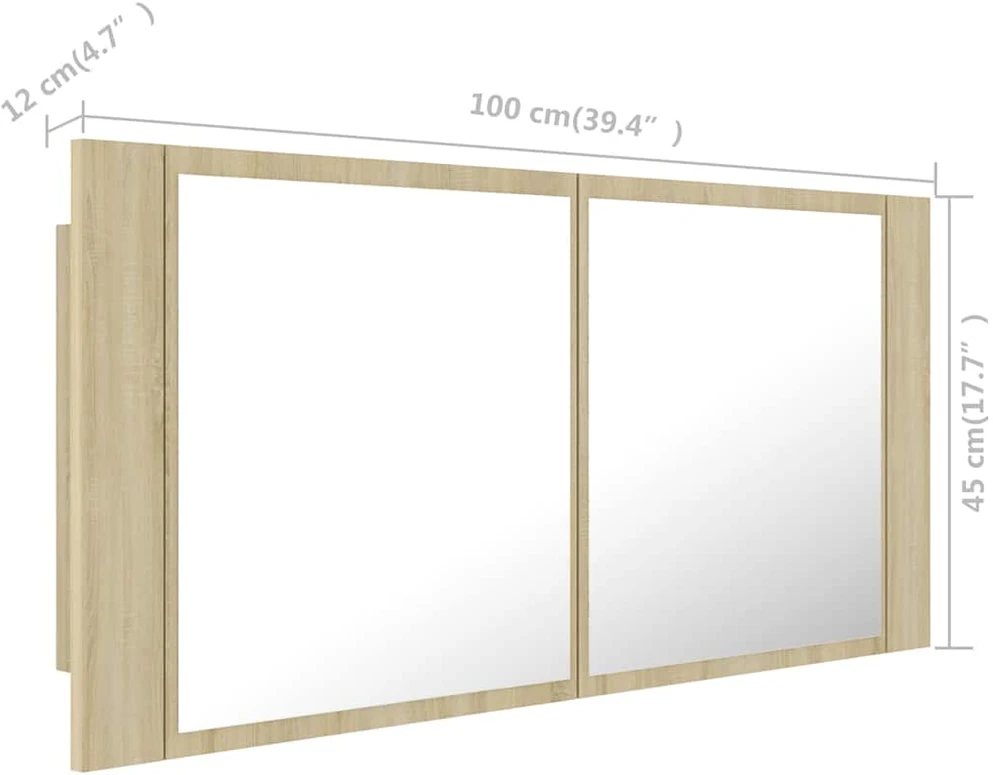 Veidrodinė vonios spintelė su LED, ąžuolo, 100x12x45cm, akrilas