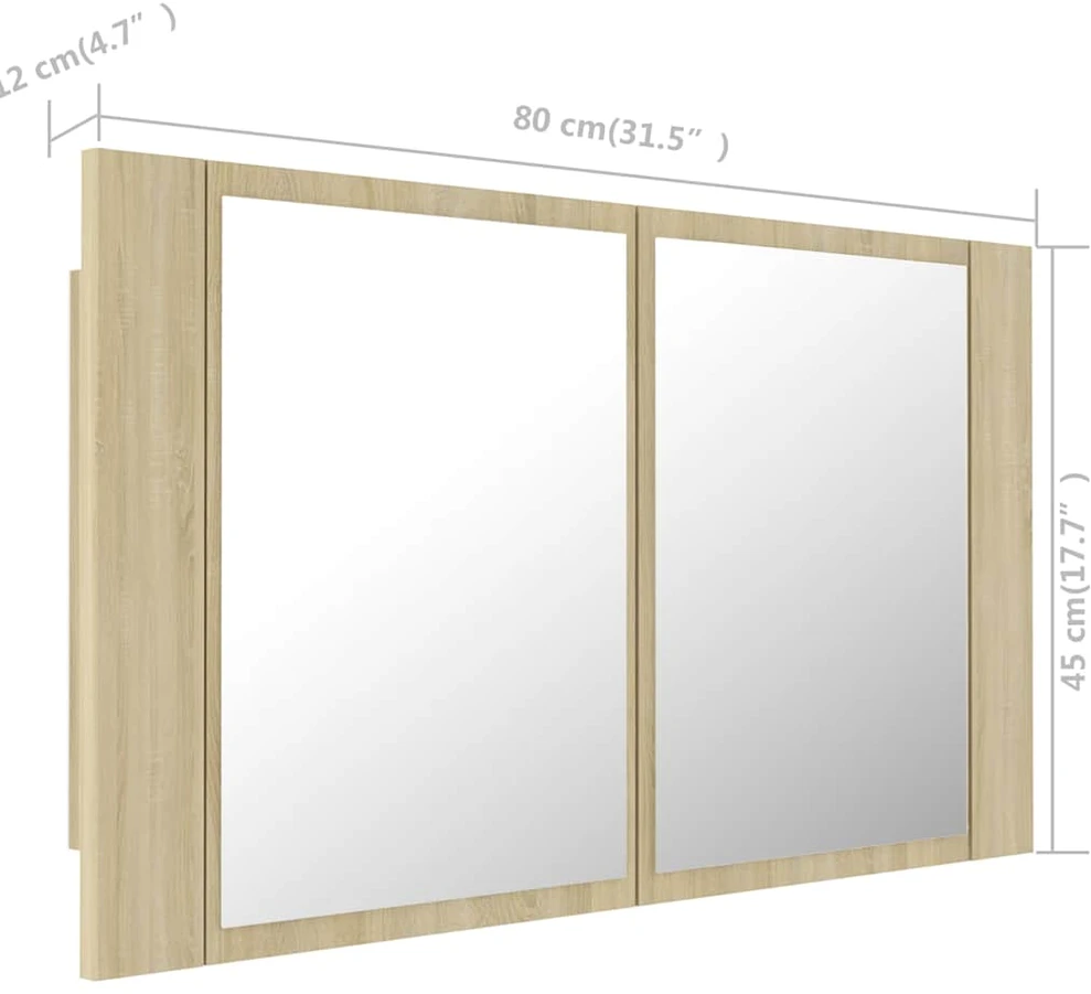Veidrodinė vonios spintelė su LED, ąžuolo, 80x12x45cm, akrilas