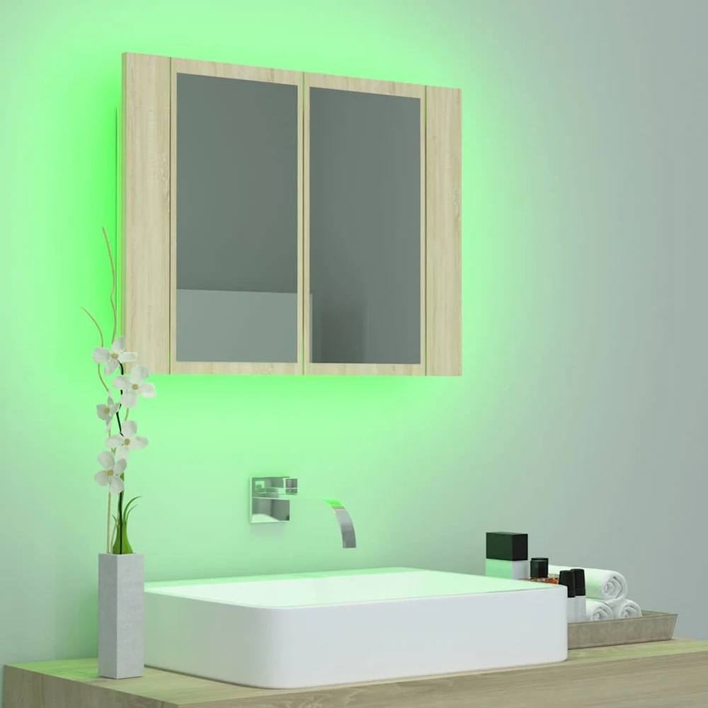 Veidrodinė vonios spintelė su LED, ąžuolo, 60x12x45cm, akrilas