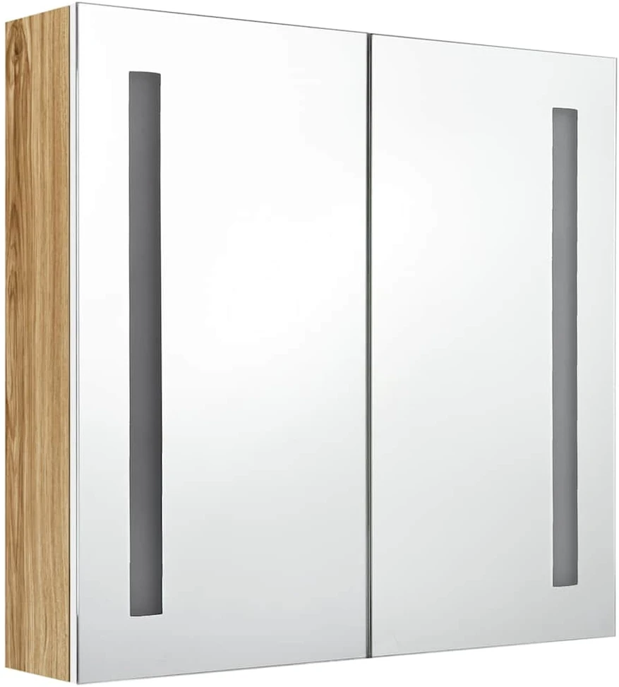 Veidrodinė vonios spintelė su LED, balta ir ąžuolo, 62x14x60cm