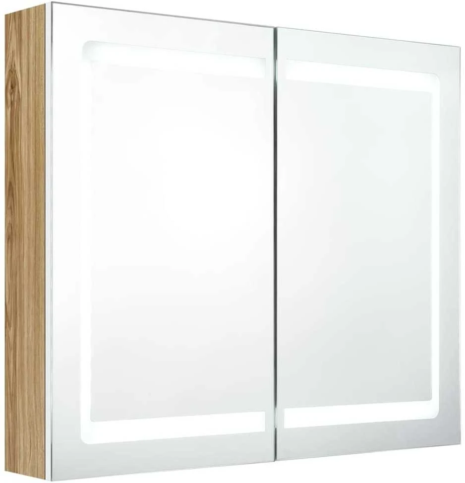 Veidrodinė vonios spintelė su LED, balta ir ąžuolo, 80x12x68cm