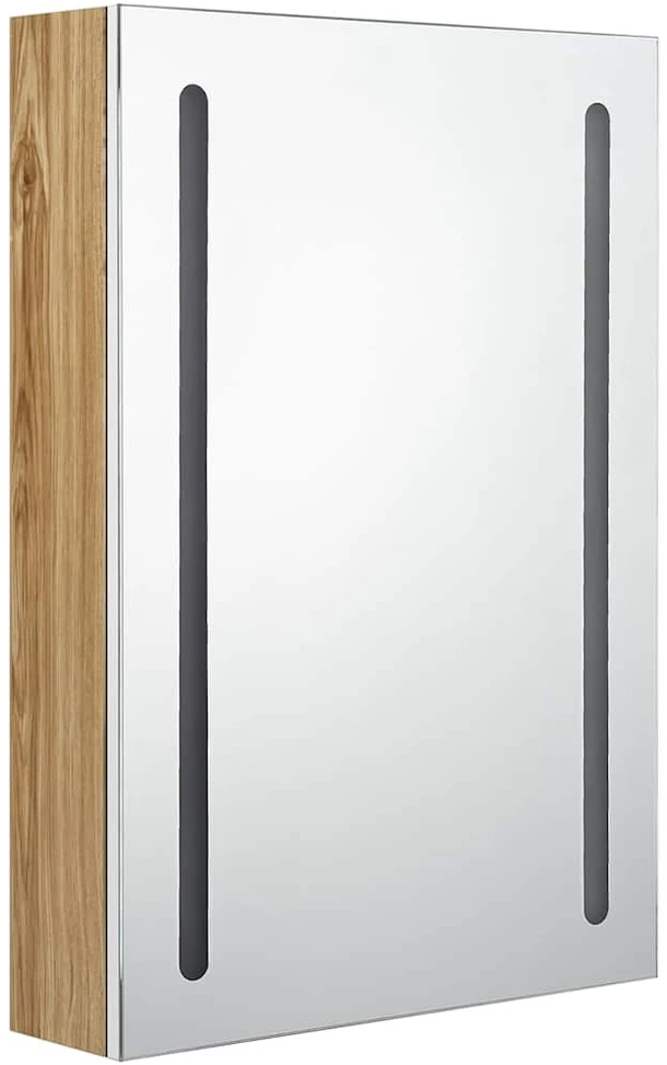 Veidrodinė vonios spintelė su LED, balta ir ąžuolo, 50x13x70cm