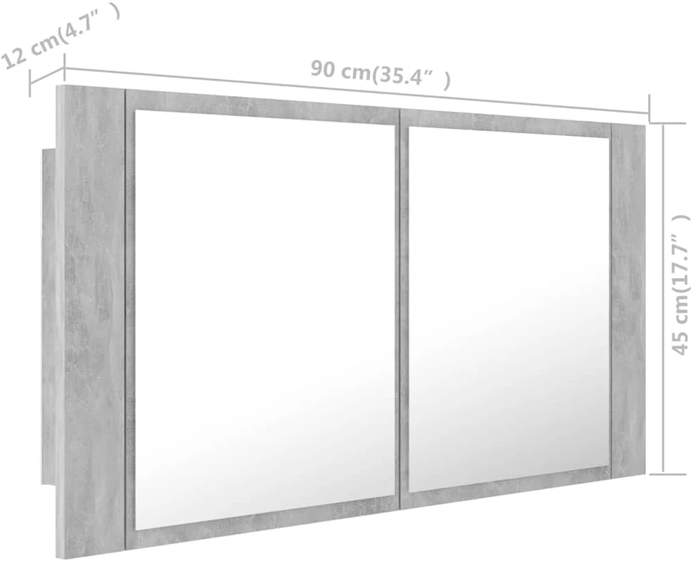 Veidrodinė vonios spintelė su LED, betono, 90x12x45cm, akrilas