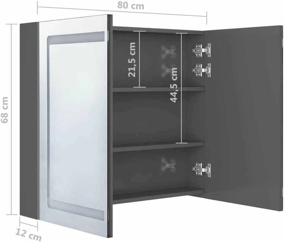 Veidrodinė vonios spintelė su LED, pilka, 80x12x68cm, blizgi