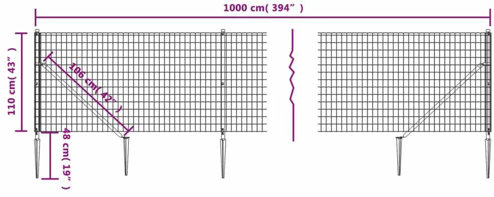 Vielinė tinklinė tvora su smaigais, antracito spalvos, 1,1x10m