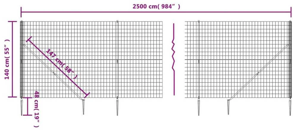 Vielinė tinklinė tvora su smaigais, antracito spalvos, 1,4x25m