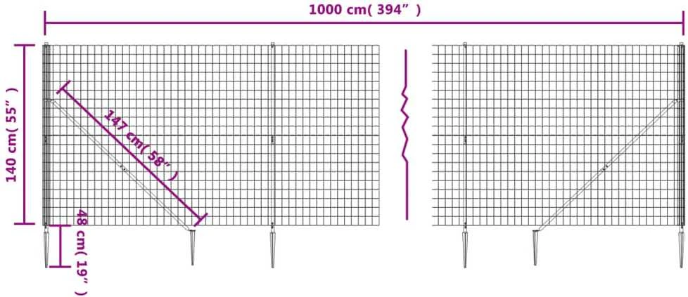 Vielinė tinklinė tvora su smaigais, antracito spalvos, 1,4x10m
