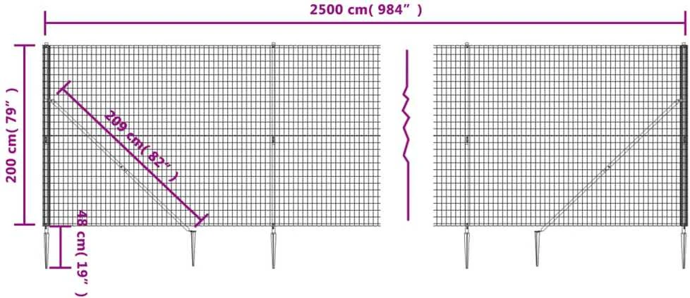 Vielinė tinklinė tvora su smaigais, antracito spalvos, 2x25m