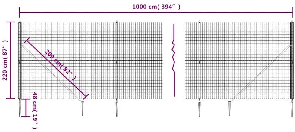 Vielinė tinklinė tvora su smaigais, žalios spalvos, 2,2x10m