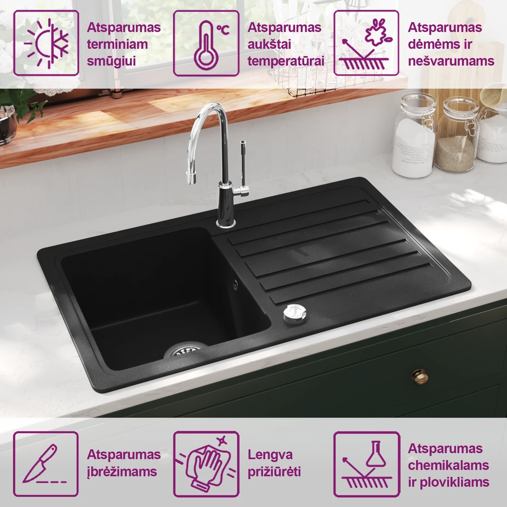 Vienguba Virtuvės Plautuvė iš Granito su Apsukamu Dubeniu, Juoda