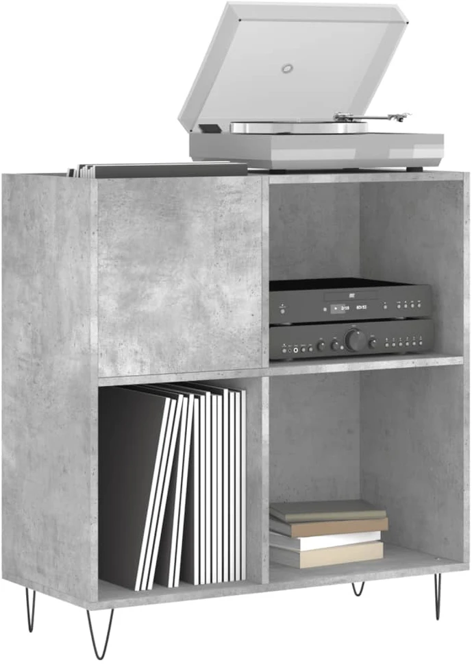 Vinilinių plokštelių spintelė, betono, 84,5x38x89cm, mediena