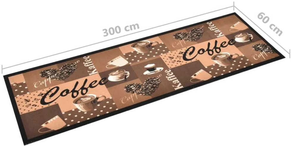 Virtuvės kilimas, rudas, 60x300cm, plaunamas, užrašai Coffee