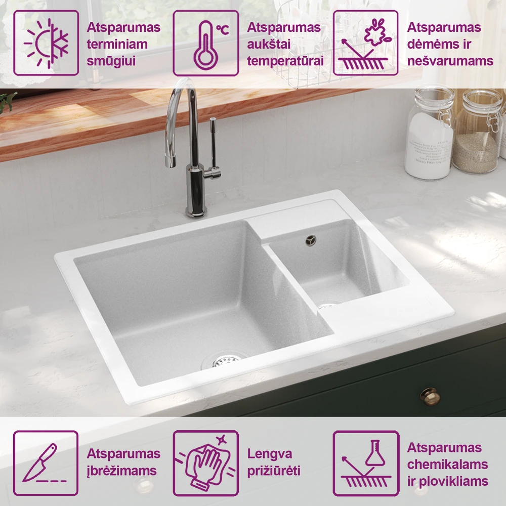 Virtuvės plautuvė su anga nuo persipildymo, balta, granitas