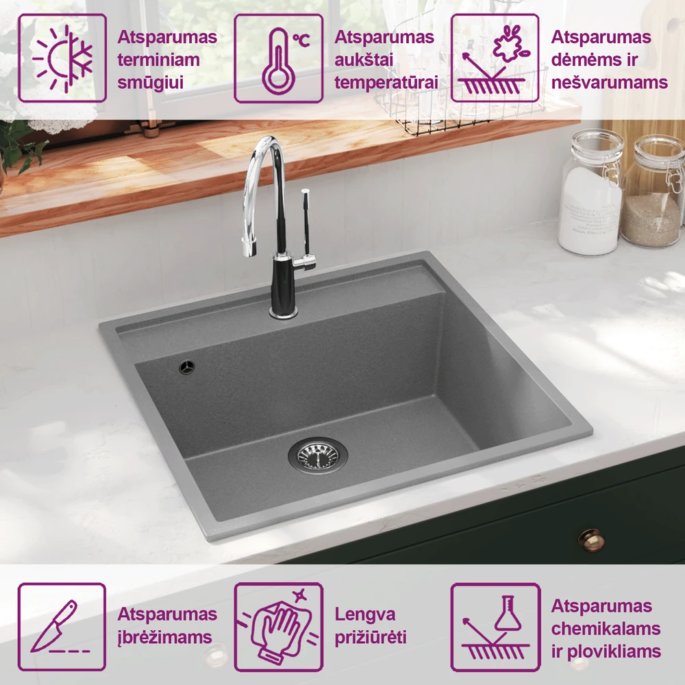 Virtuvės plautuvė su anga nuo persipildymo, pilka, granitas