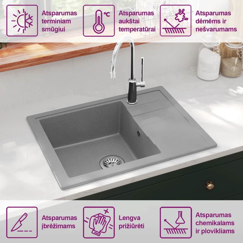 Virtuvės plautuvė su anga nuo persipildymo, pilka, granitas