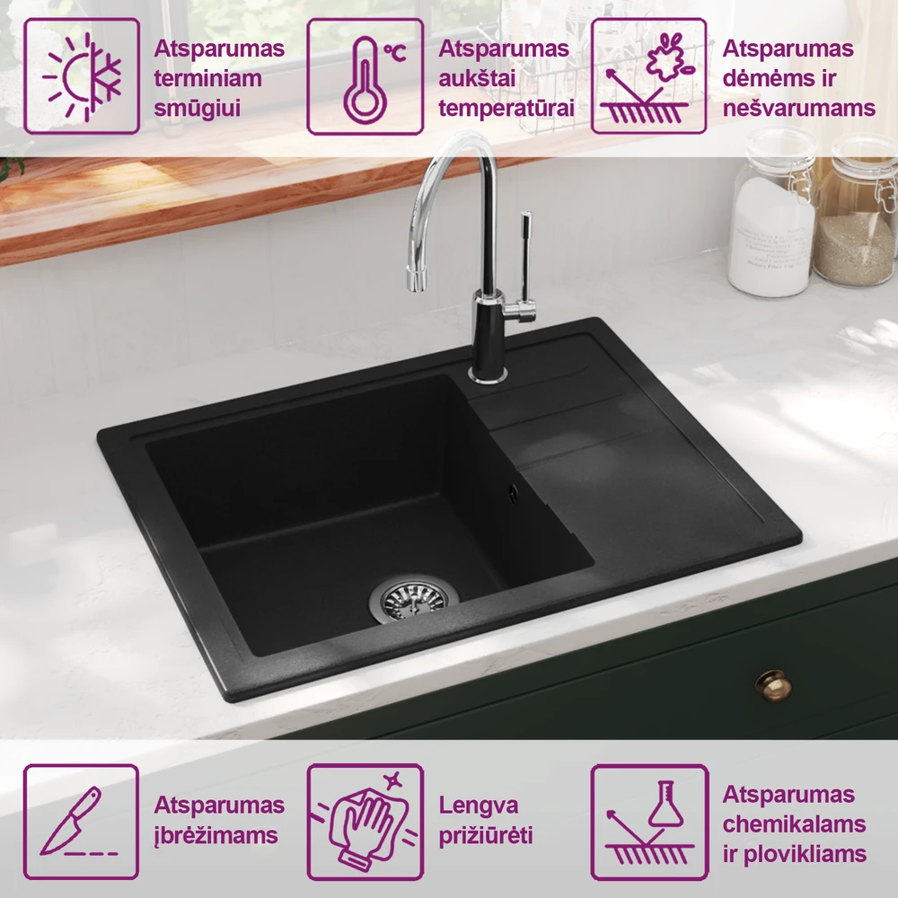 Virtuvės plautuvė su anga nuo persipildymo, juoda, granitas