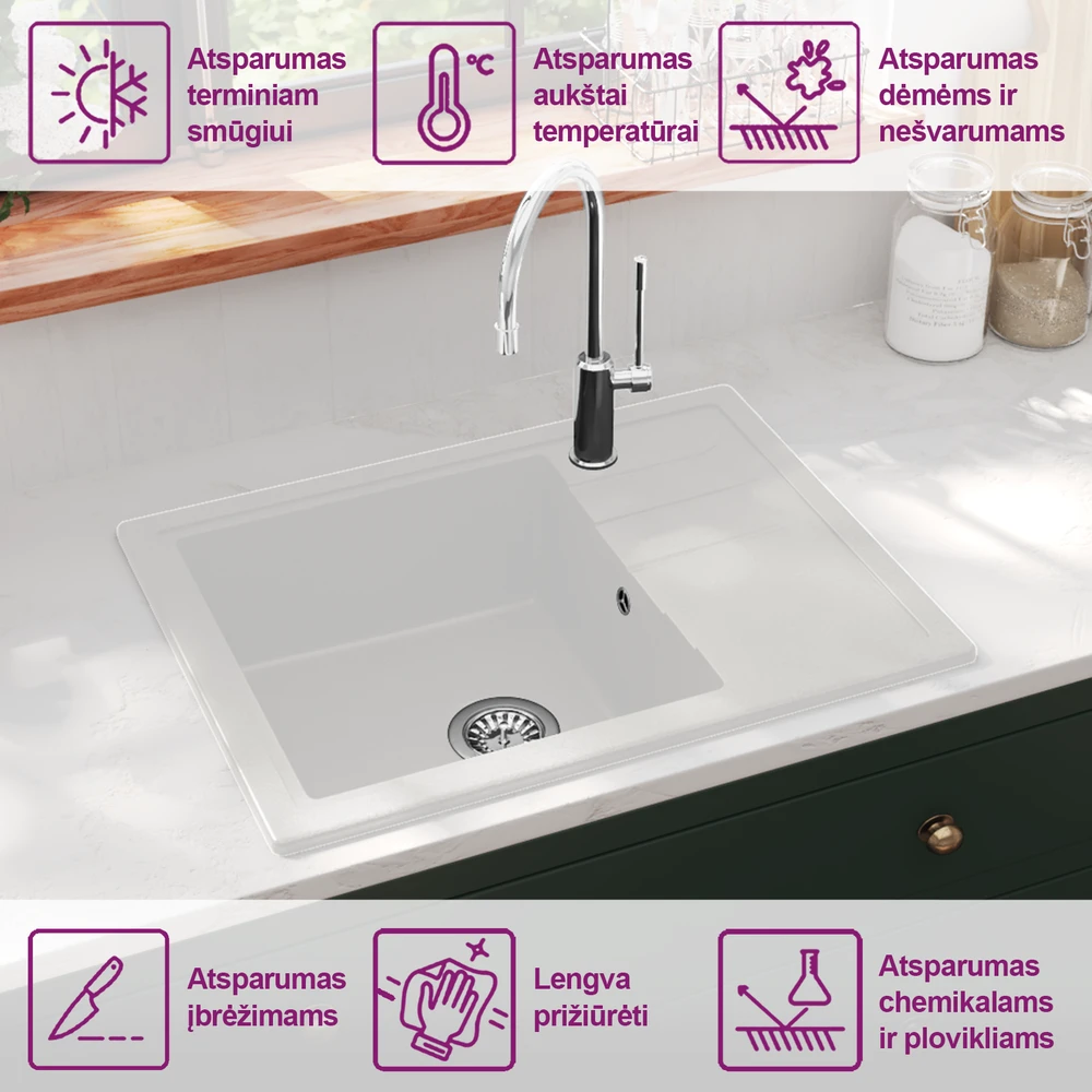Virtuvės plautuvė su anga nuo persipildymo, balta, granitas