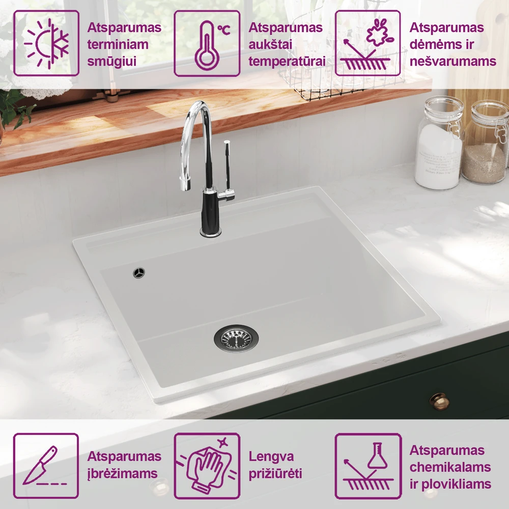 Virtuvės plautuvė su anga nuo persipildymo, balta, granitas