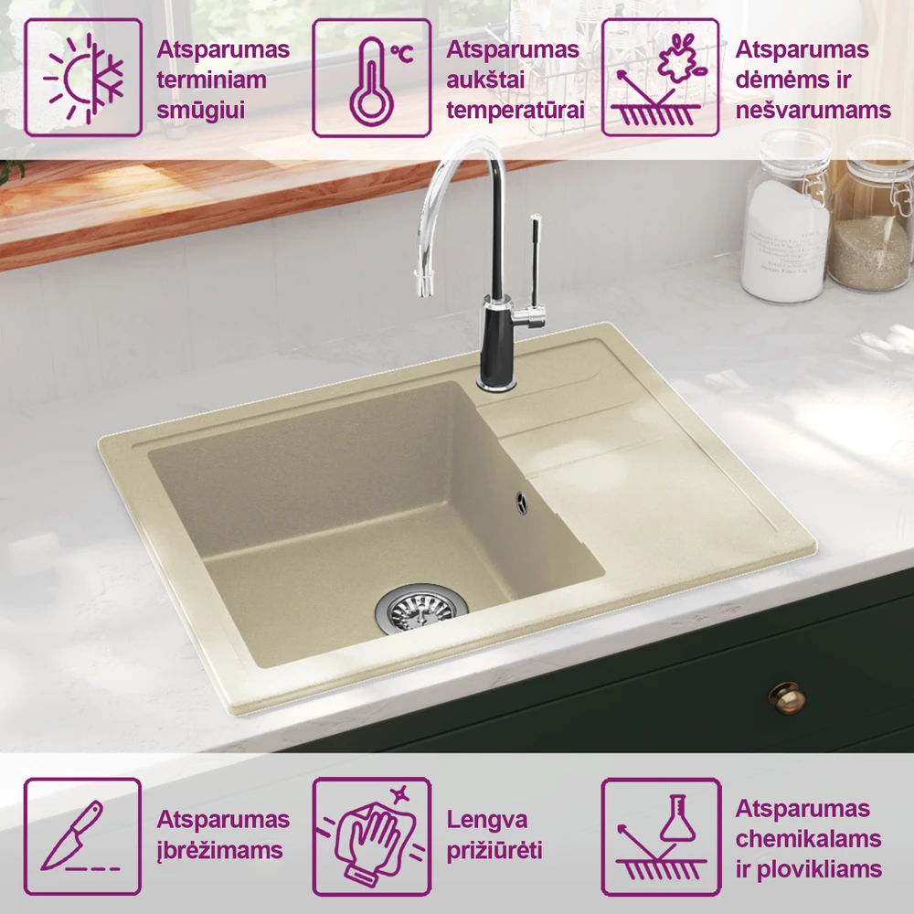Virtuvės plautuvė su anga nuo persipildymo, smėlio, granitas