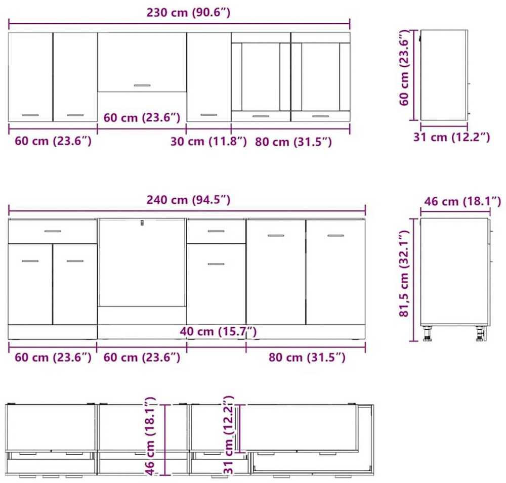 Virtuvės spintelių komplektas Lyon 8 pcs Pilkas Sonoma